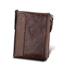 Genuine Cowhide Leather Crazy Horse Texture Dual Zipper Short Style Card Holder Wallet RFID Blocking Card Bag Protect Case for Men