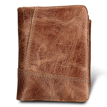 Genuine Cowhide Leather Crazy Horse Texture Zipper 3-folding Short Style Card Holder Wallet RFID Blocking Coin Purse Card Bag Protect Case for Men