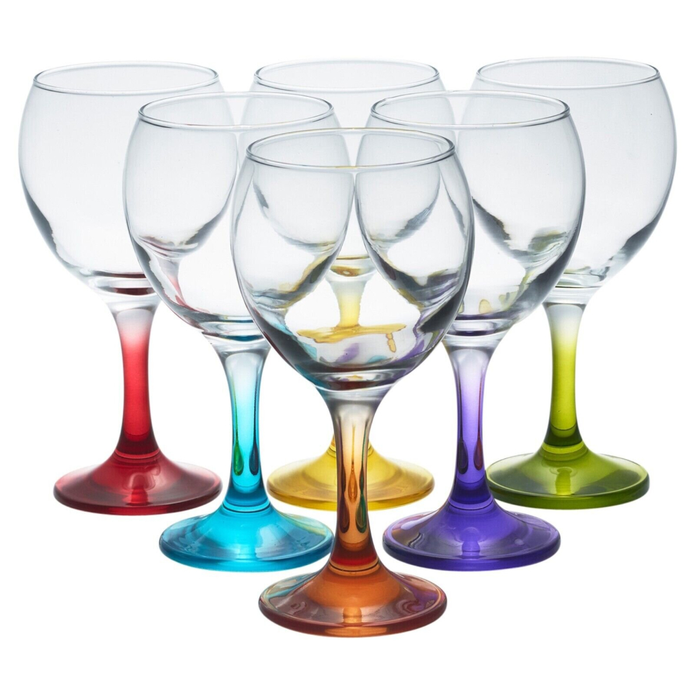 6 Stemmed Drinking Glasses Set Coloured Stems Wine Sherry Glass Dishwasher Safe