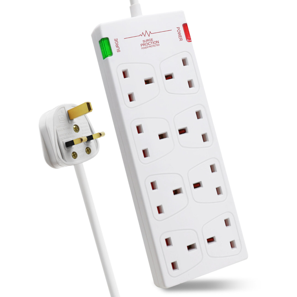 (White, 1M) 8 Way Socket with Cable 3G1.25, with Power Indicater, Child-Resistant Sockets, Surge Indicator