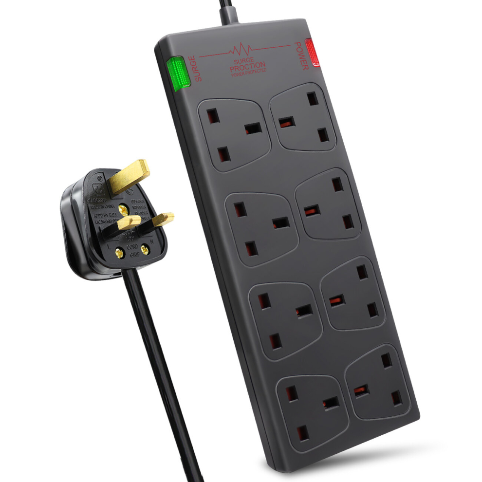 (Black, 2M) 8 Way Socket with Cable 3G1.25, with Power Indicater, Child-Resistant Sockets, Surge Indicator