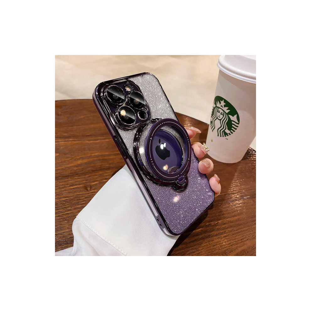 (For iPhone 14ProMax, PURPLE) Gradual Glitter Folding Ring Holder Magnetic Case for iPhone 15 14 13 12 11 Pro Max Plus X Xr Xs Max Plating Magsafe New Cover