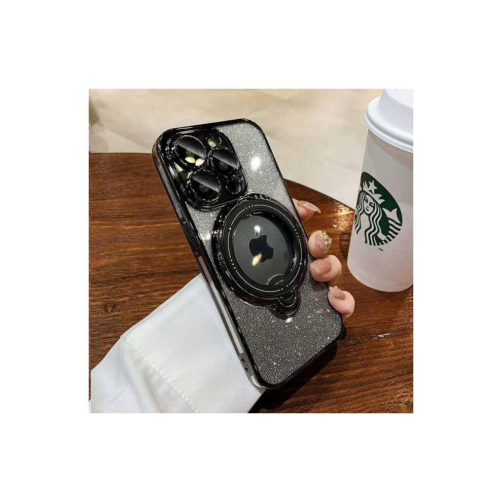 (For iPhone 14, black) Gradual Glitter Folding Ring Holder Magnetic Case for iPhone 15 14 13 12 11 Pro Max Plus X Xr Xs Max Plating Magsafe New Cover
