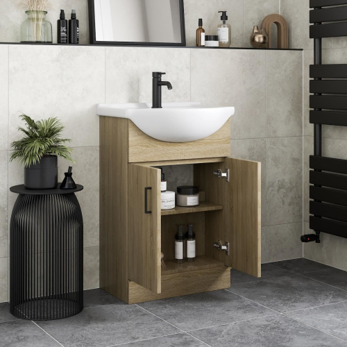 Bathroom Vanity Unit Basin Sink Single Tap Hole Freestanding 560mm Oak Effect 2