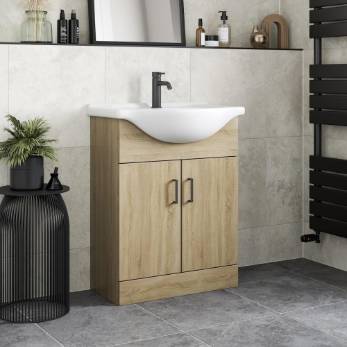 Bathroom Vanity Unit Basin Sink Single Tap Hole Freestanding 650mm Oak Effect 1