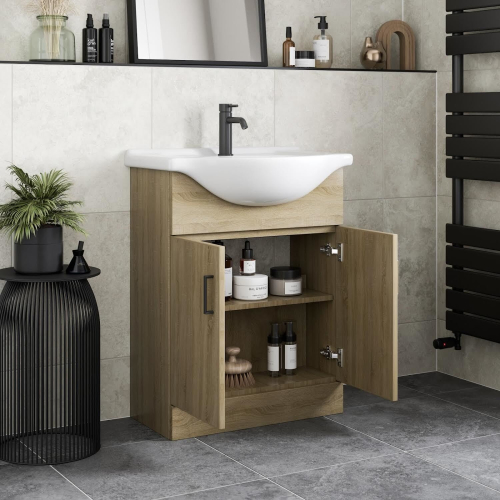 Bathroom Vanity Unit Basin Sink Single Tap Hole Freestanding 650mm Oak Effect 2