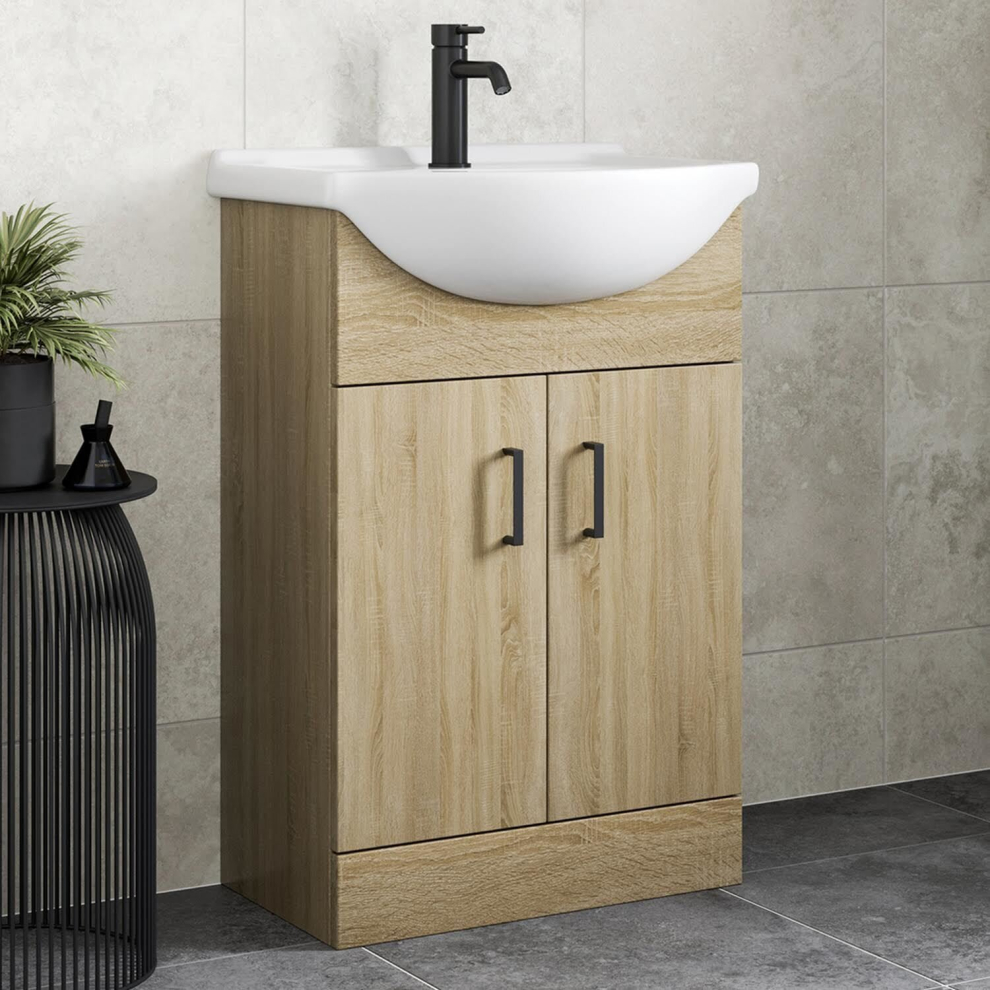 Bathroom Vanity Unit Basin Sink Single Tap Hole Freestanding 560mm Oak Effect