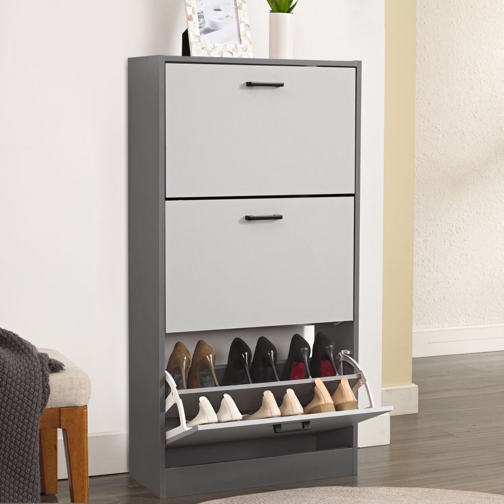 (Dark Grey+Silver Grey) 3 Drawer Shoe Cabinet Storage Cupboard Unit Shoe Rack Wooden Stand Organiser
