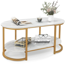 Modern Faux Marble Coffee Table - 2-Tier Rectangular with Gold Metal Frame, White Marble, 100x50x45 cm