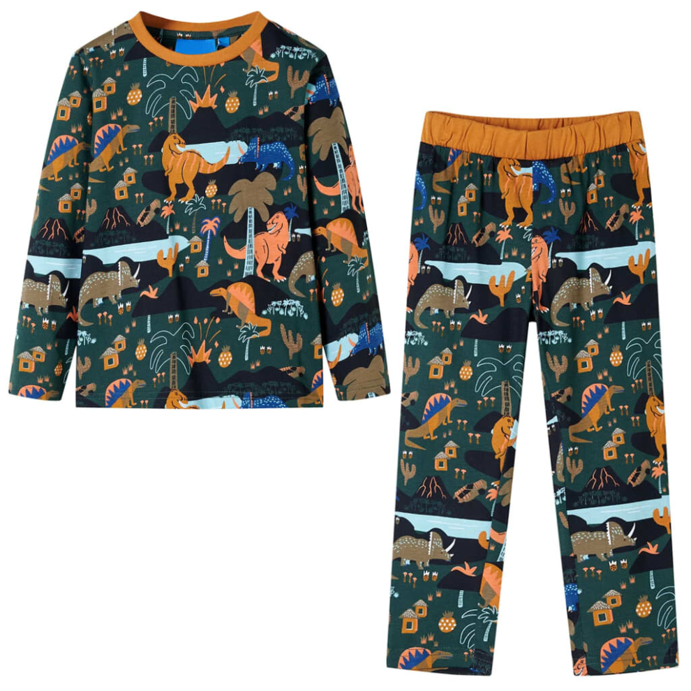 (104) Kids' Pyjamas with Long Sleeves Sleepwear Kids' PJs Dinosaur Print Dark Green