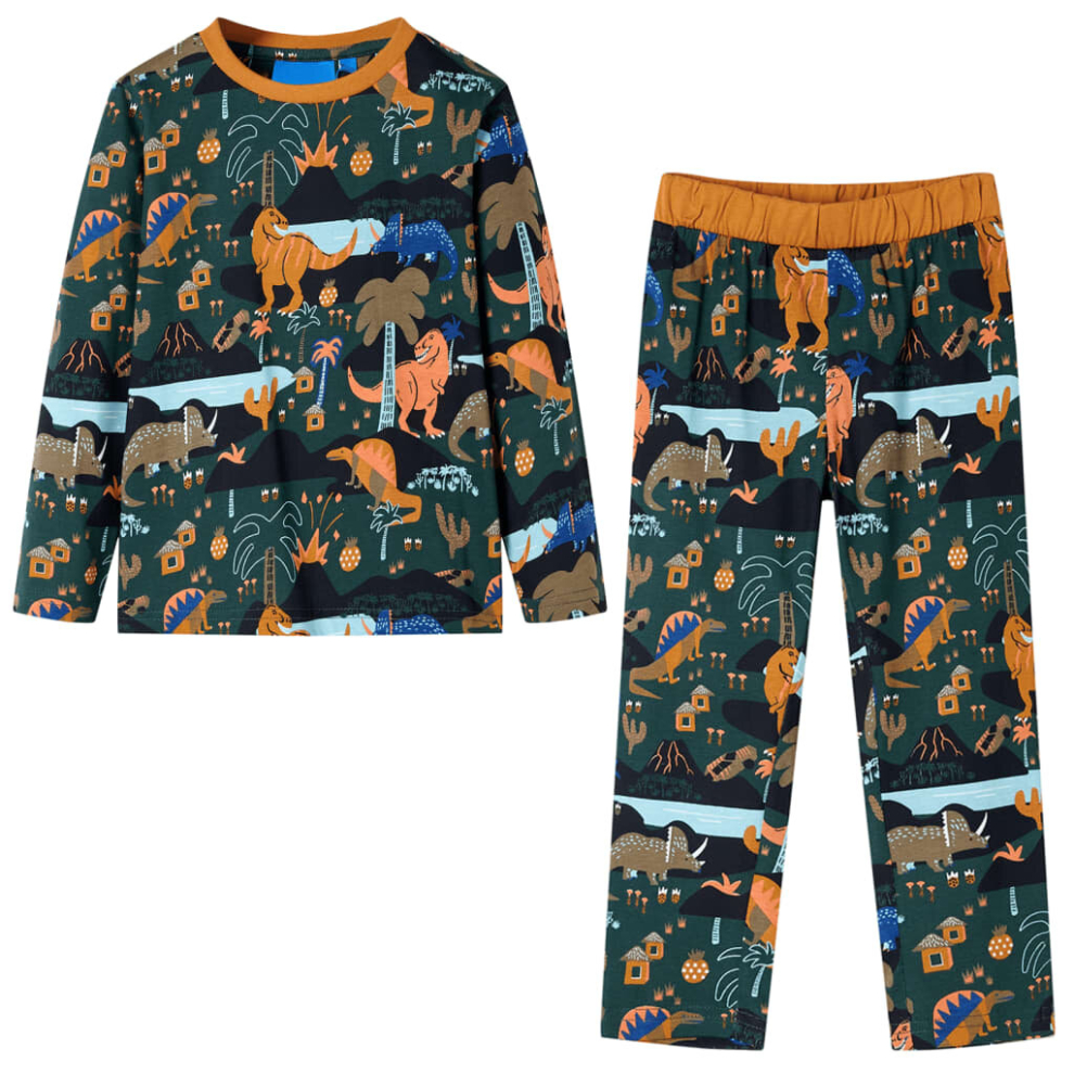 (128) Kids' Pyjamas with Long Sleeves Sleepwear Kids' PJs Dinosaur Print Dark Green