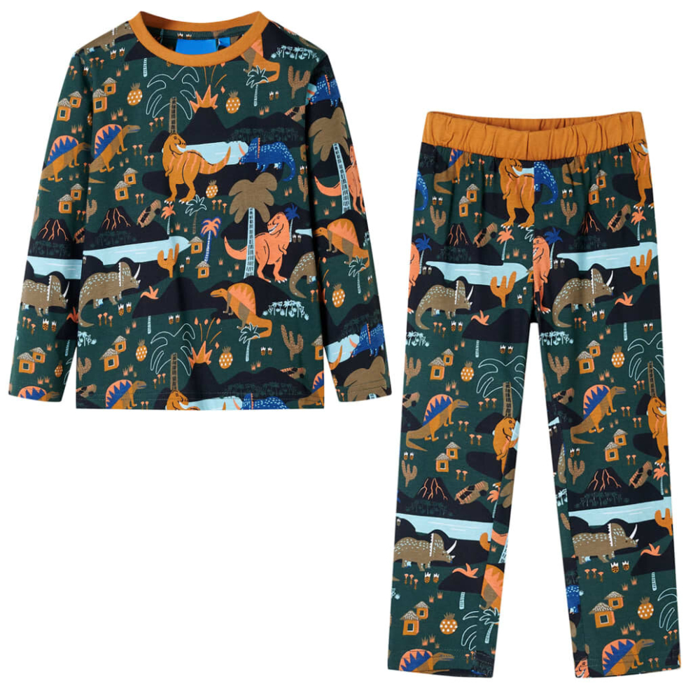 (140) Kids' Pyjamas With Long Sleeves Sleepwear Kids' PJs Dinosaur Print Dark Green