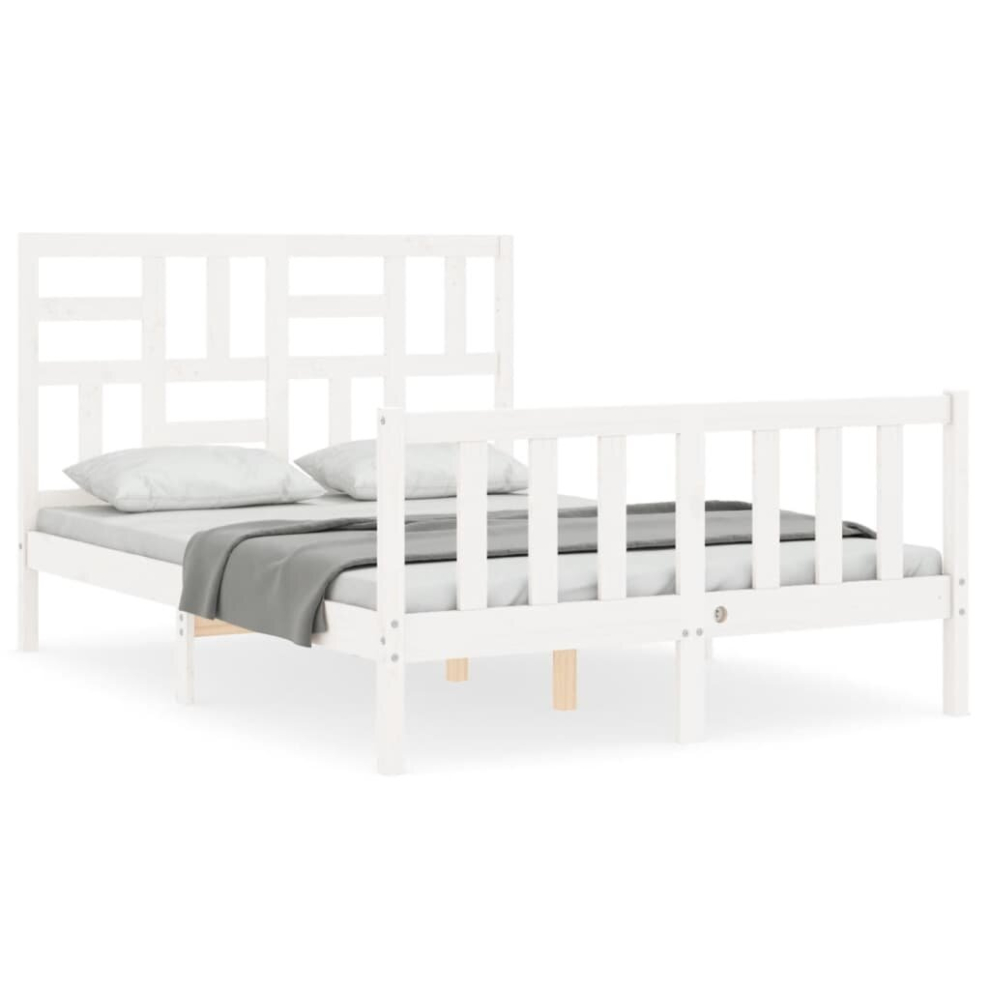 (white, 135 x 190 cm) vidaXL Bed Frame Bed Base Wooden Bed with Headboard Super King Size Solid Wood