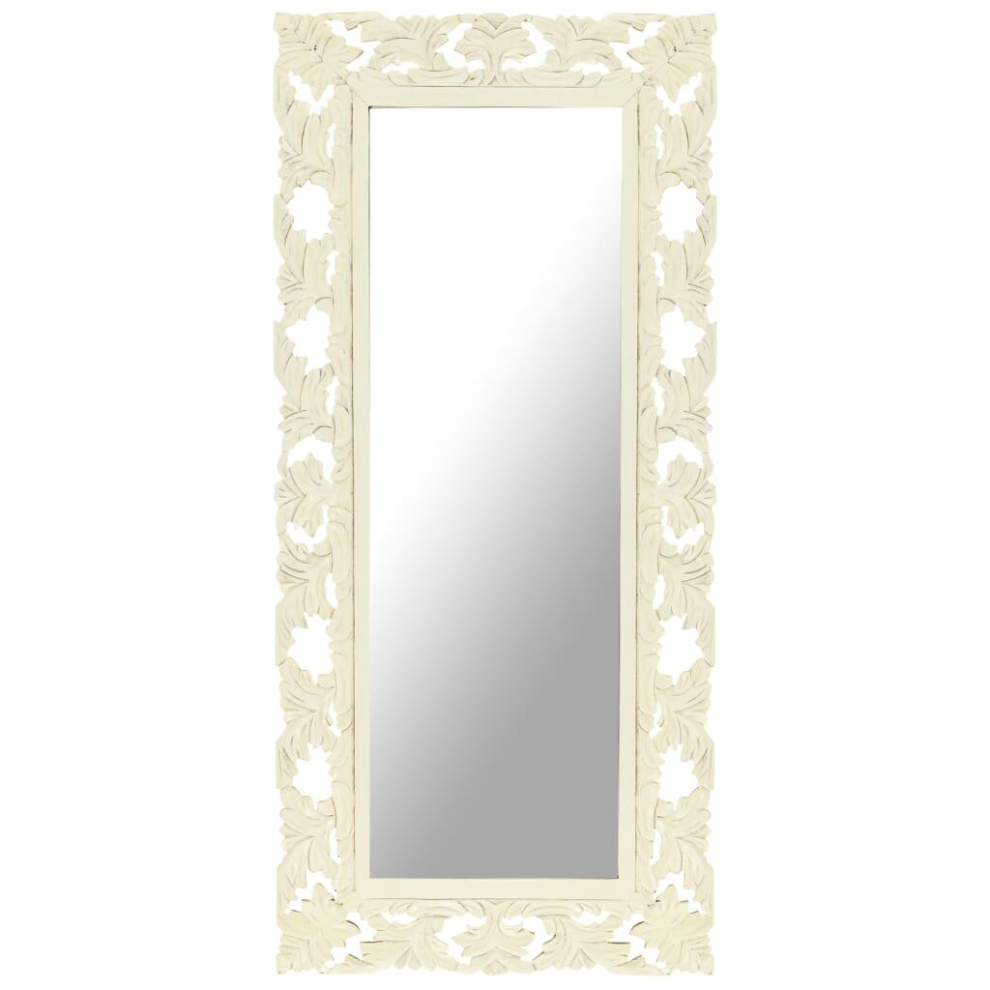 vidaXL Solid Mango Wood Hand Carved Mirror White Wooden Hall Makeup Accessory