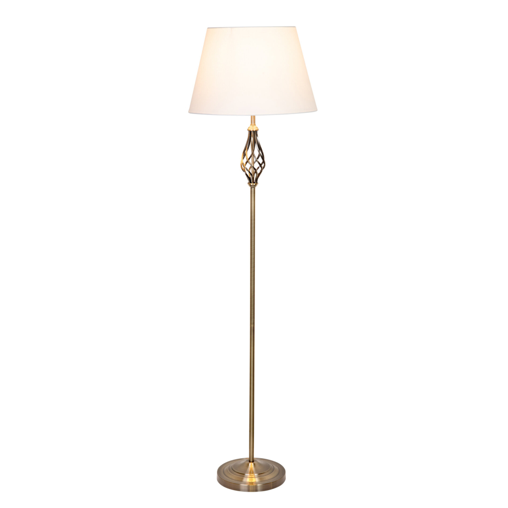 Queenswood Antique Brass Floor Lamp with Ivory Linen Shade