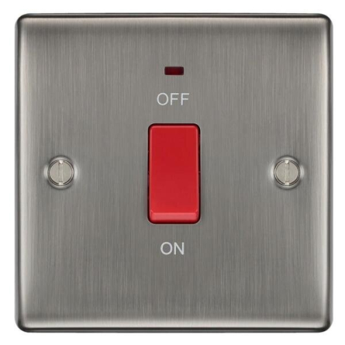 BG Electrical Metal Brushed Iridium 45A Double Pole Cooker Switch with Neon