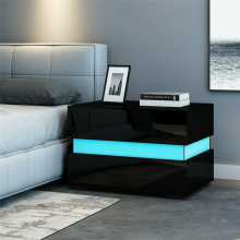 (Black) Hampton & Stewart Glossy Finish LED Bedside Table