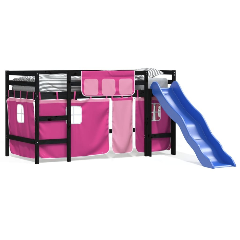 (black and pink, 90 x 190 cm) vidaXL Kids' Loft Bed with Curtains Children Mid Sleeper Bed Solid Wood Pine