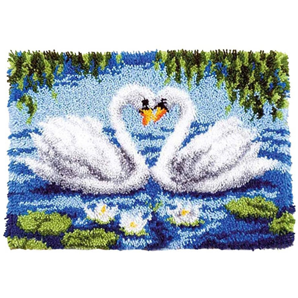 Latch Hook Kit, DIY Crochet Yarn Kits, 20.4 x 14.9 Inch Swan Lovers Rug Making Crafts for Kids Adults and Beginners