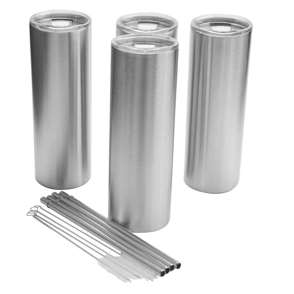 4 Pack Stainless Steel Skinny with Straws 20Oz Double Wall Vacuum Insulated Cups with Lid-Silver 
