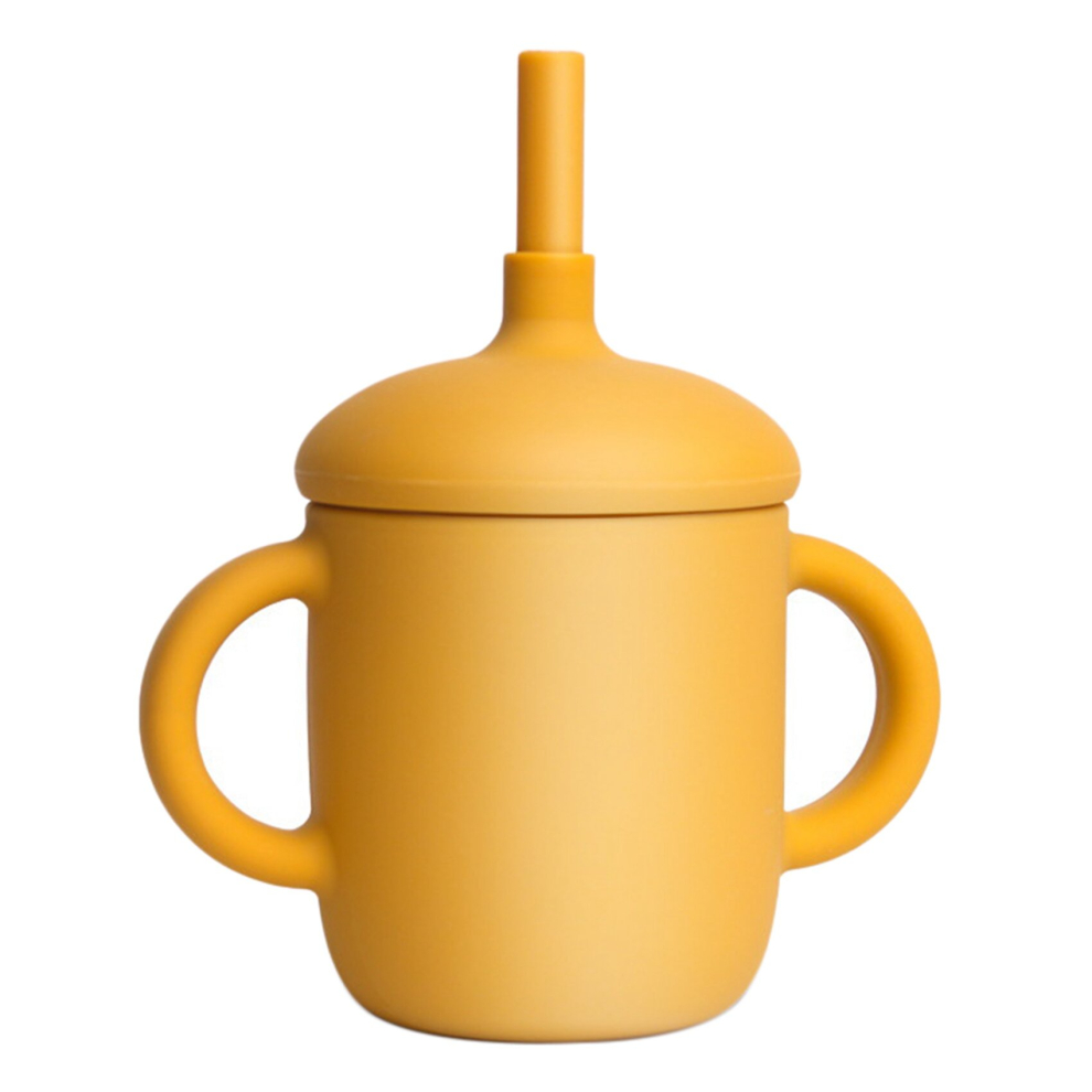 Silicone Sippy Trainer Straw Cups for Baby Toddler and Child Feeding with 2 Handles (Yellow) 