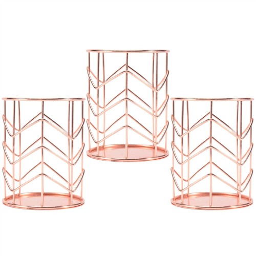 Rose Gold Pen Holder Set of 3,Metal Rose Gold Pencil Holder for Dorm & Office,Desk Organizer Makeup Brush Cup