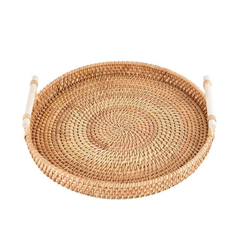 Handwoven Rattan Storage Tray with Wooden Handle Round Basket Bread ...