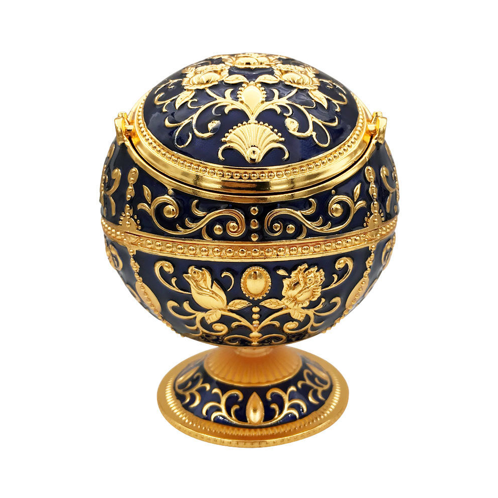 Windproof Ashtray Vintage Zinc Alloy Flower Pattern Globe Ashtray with Lid Tabletop Portable Home Decor Ashtray-Navy