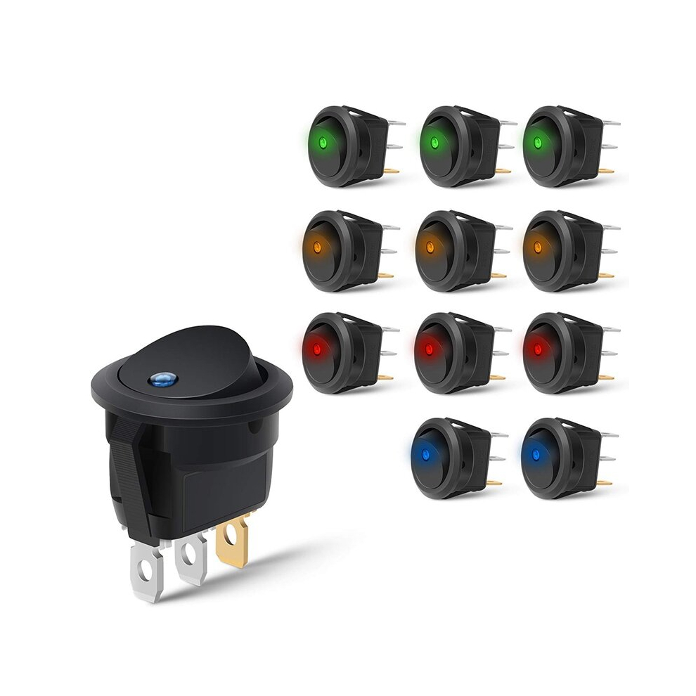 12Pcs Round Dot Lighted Rocker Switch Toggle 20A 12V Dc On/Off Spst Switch Control, 3Blue+3Green+3Yellow+3Red 4851069215357