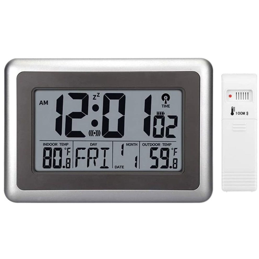 Atomic Wall Desk Clock Display with Indoor Outdoor Temperature Date Calendar Digital Alarm Clock for Kitchen