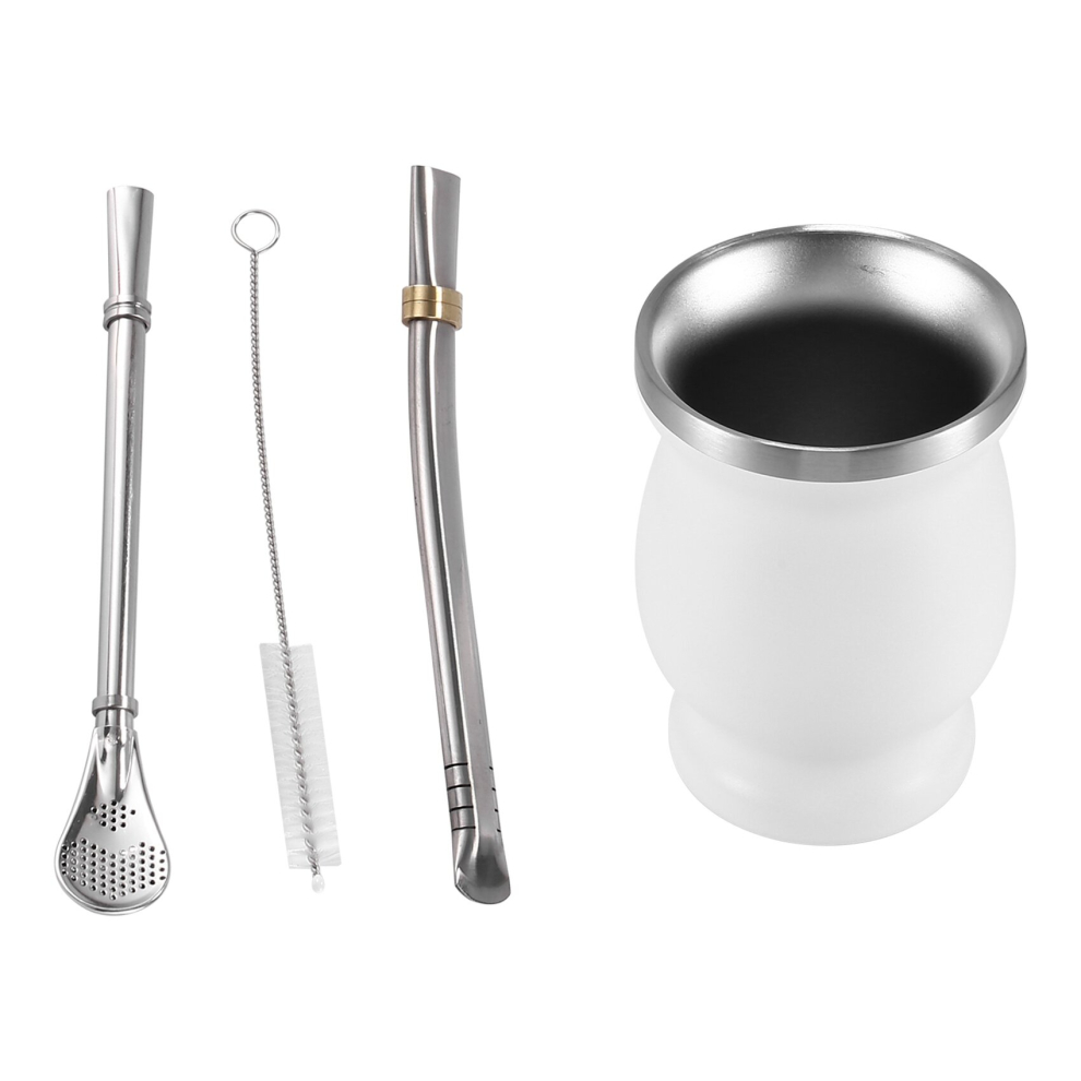Double-Wall Stainless Yerba Mate Tea Cup Set Coffee Water Cup with 2 Bombillas Straws Spoon ? Clean Brush white 