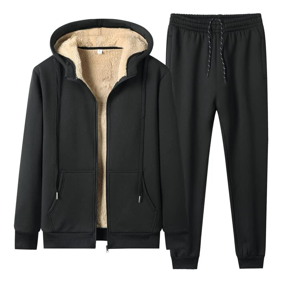 (l, black) Jogging Suit Men Cotton Fleece Lined Tracksuit Men Winter Warm Leisure Suit Sportswear Sportswear Suit Fitness Suit Wool-Lined Warm Sweat Jacket