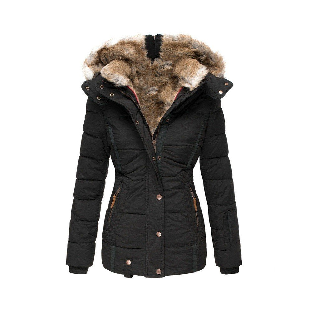 (2XL, black) Women's Winter Warm Fur Collar Cotton Zippered Long-sleeved Slim Hooded Cotton Coat