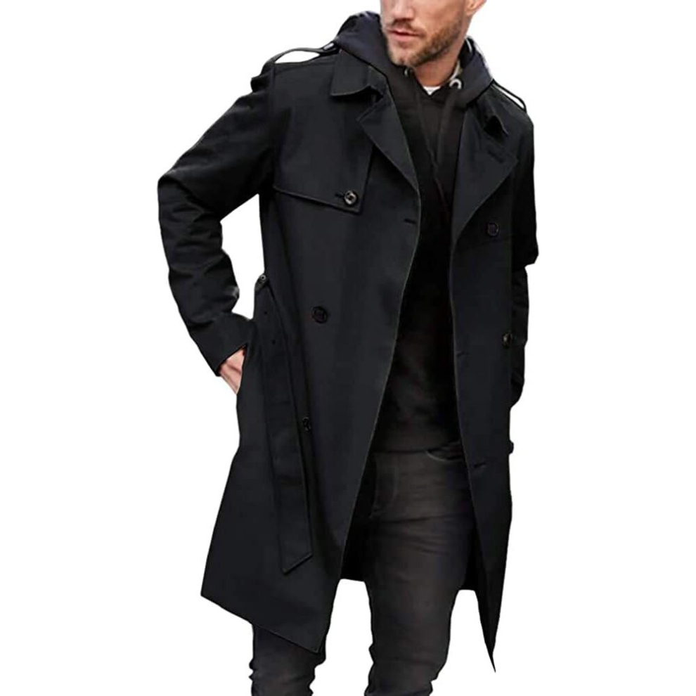 (m, Black) Men's Trench Coat Slim fit Double Breasted Belted Windbreaker Lapel Long Jacket Casual Windproof Overcoat