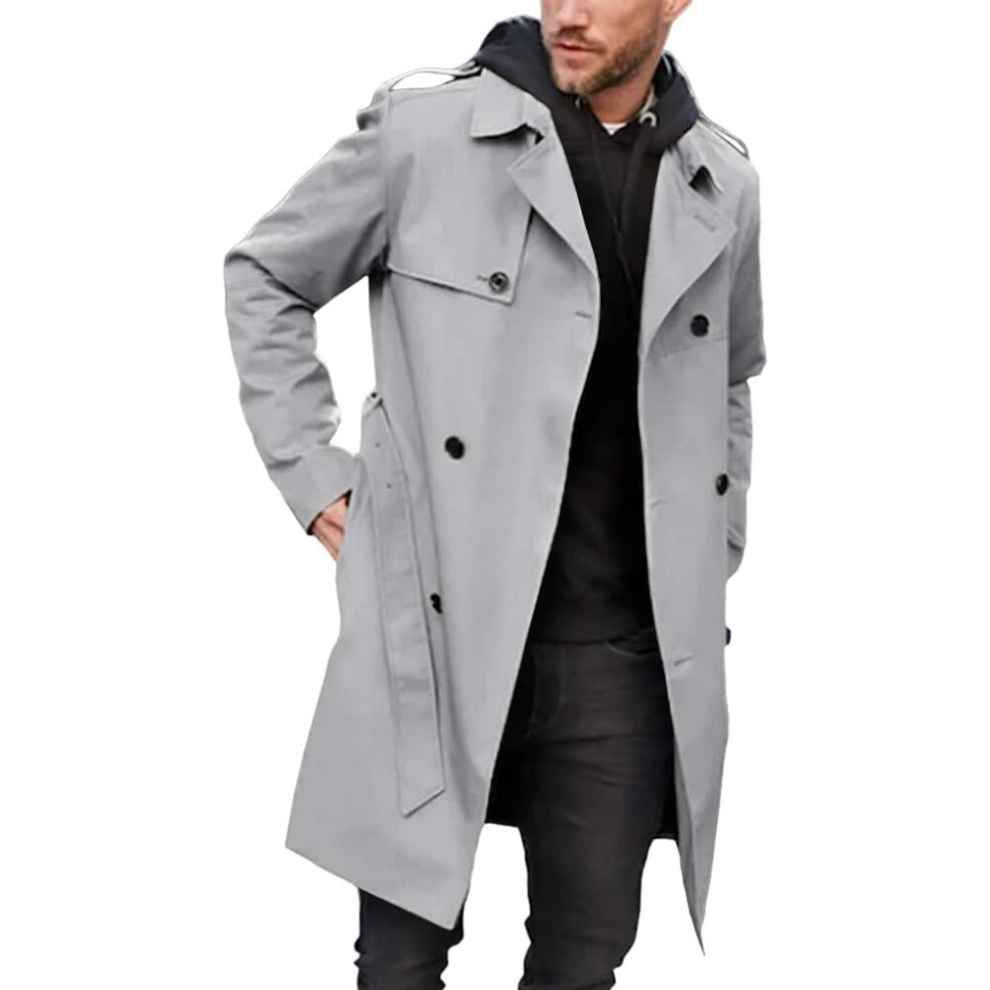 (l, Gray) Men's Trench Coat Slim fit Double Breasted Belted Windbreaker Lapel Long Jacket Casual Windproof Overcoat