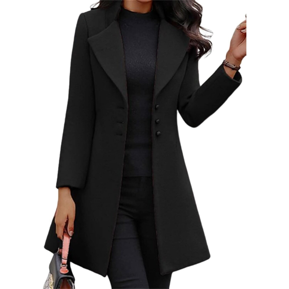 (l, Black) Women's Insulated Long Felt Jacket Long Sleeved Buttoned Down Jacket Autumn And Winter Hip Length Coat