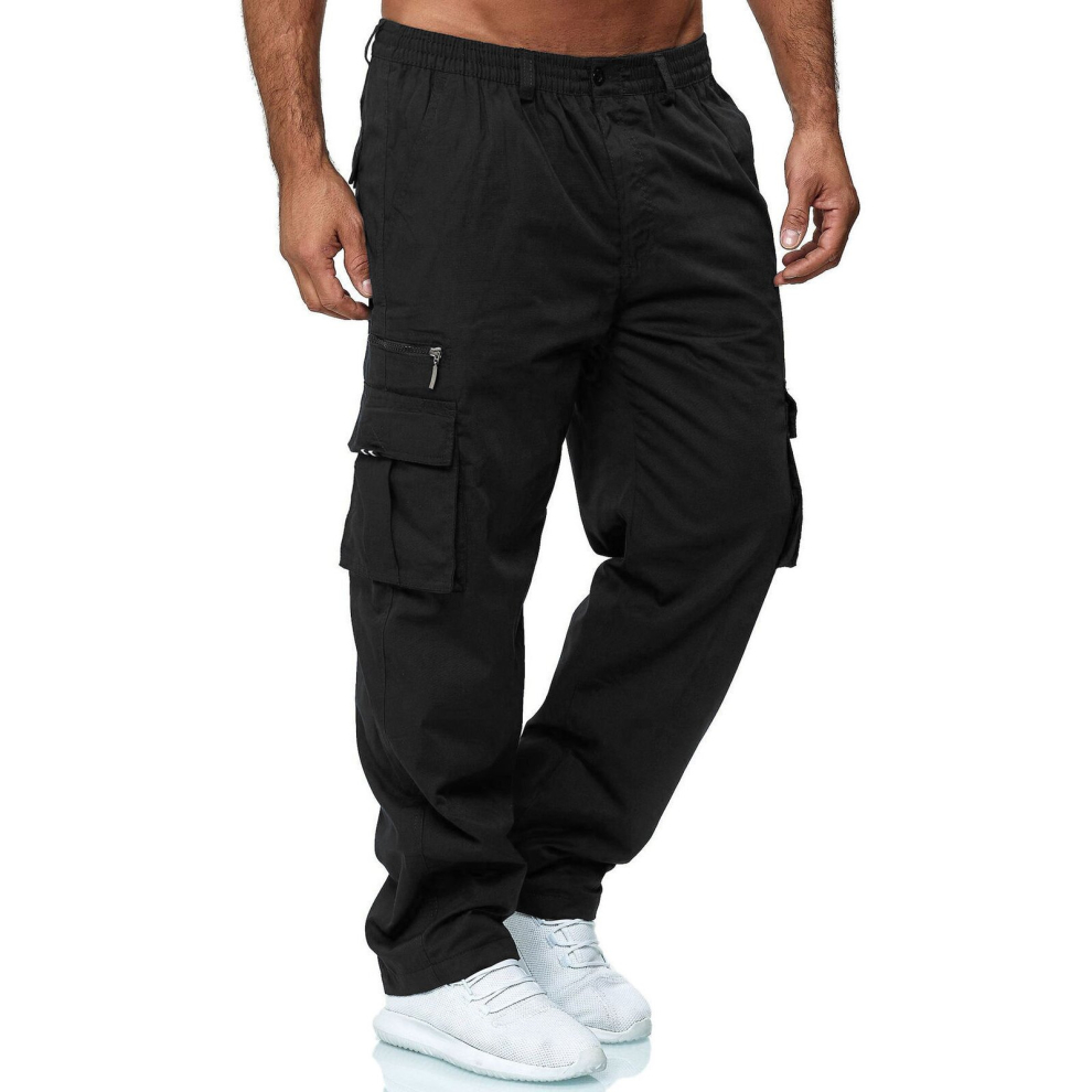 (L, black) Men's Casual Multi-pocket Loose Straight Cargo Trousers Outdoor Trousers Fitness Pants