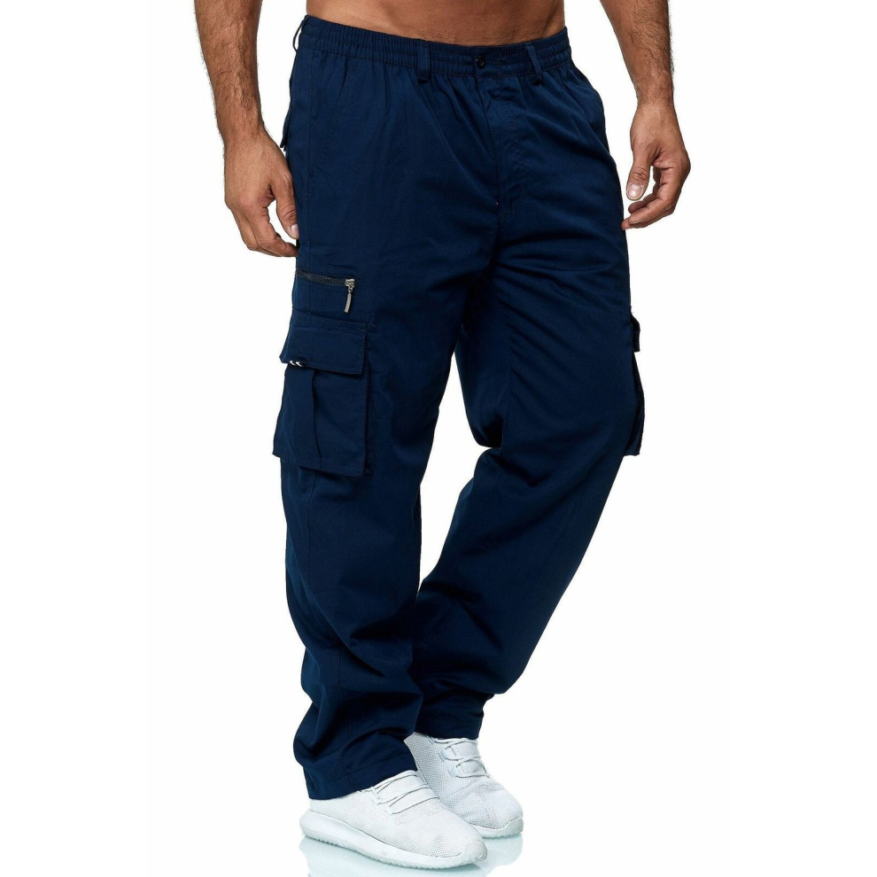 (L, blue) Men's Casual Multi-pocket Loose Straight Cargo Trousers Outdoor Trousers Fitness Pants