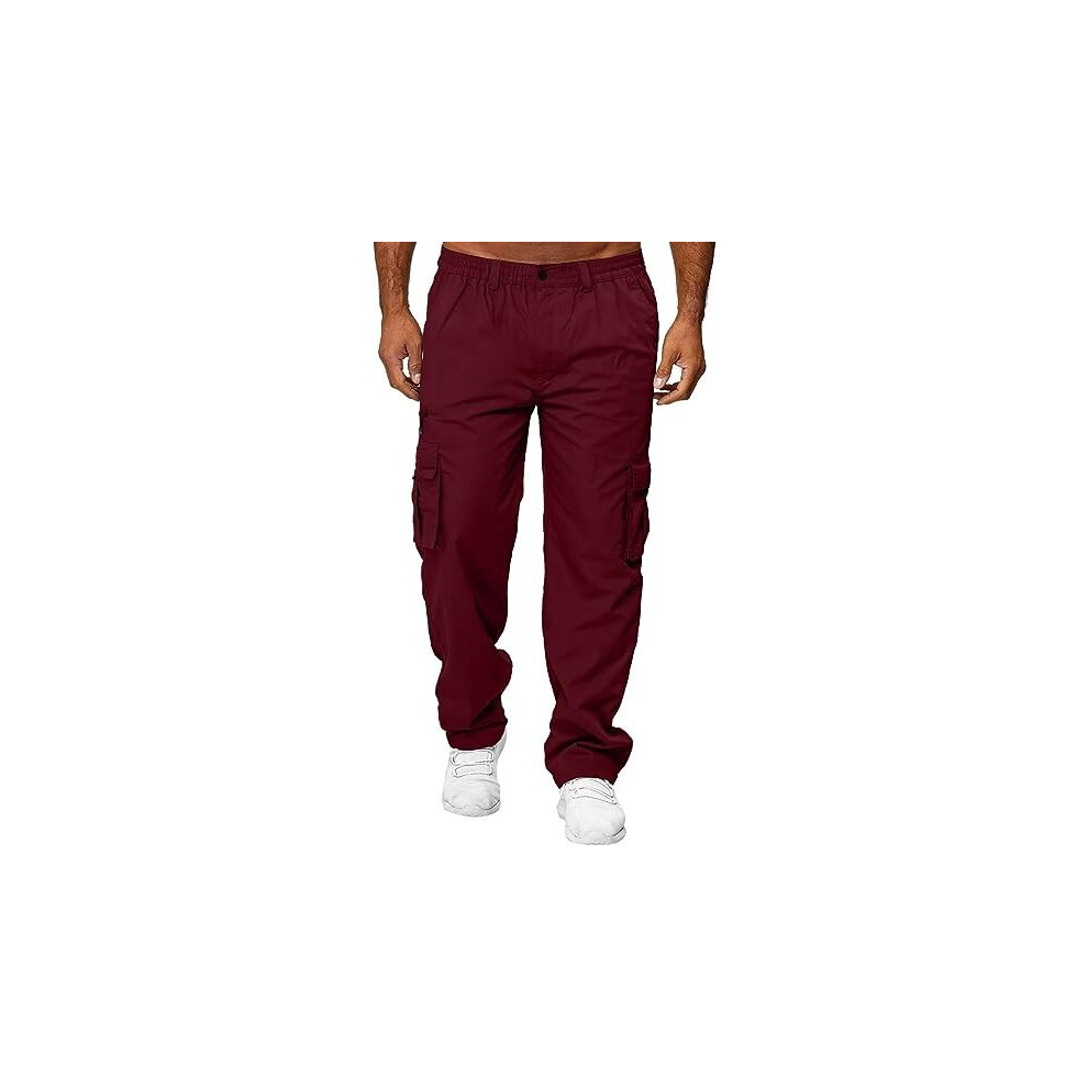 (L, red) Men's Casual Multi-pocket Loose Straight Cargo Trousers Outdoor Trousers Fitness Pants