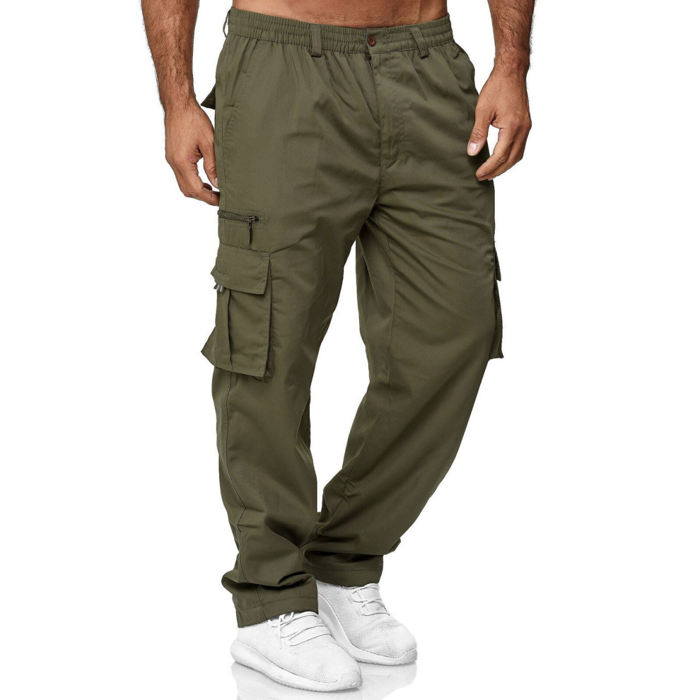 (L, green) Men's Casual Multi-pocket Loose Straight Cargo Trousers Outdoor Trousers Fitness Pants