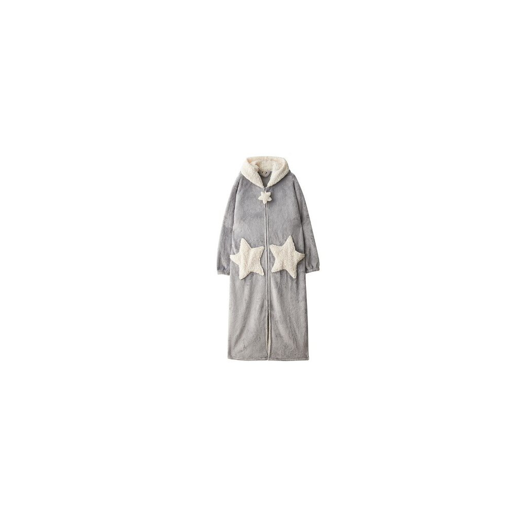 (L, Grey) Women Zipper Robes Plus Size Luxurious Flannel Fleece Full Length Bathrobe With Pockets Loungewear