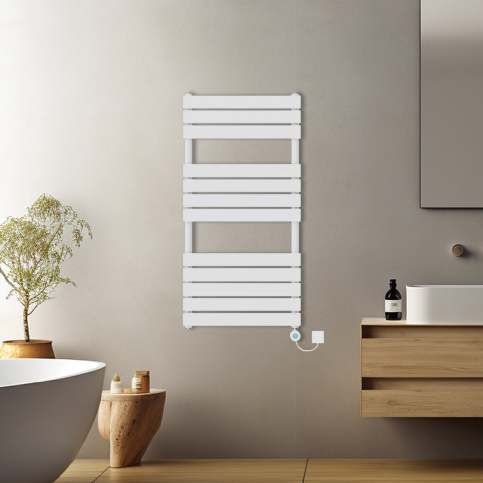 (White, 1200x600mm) Prefilled Electric Flat Panel Heated Towel Rail Radiator Thermostatic WIFI