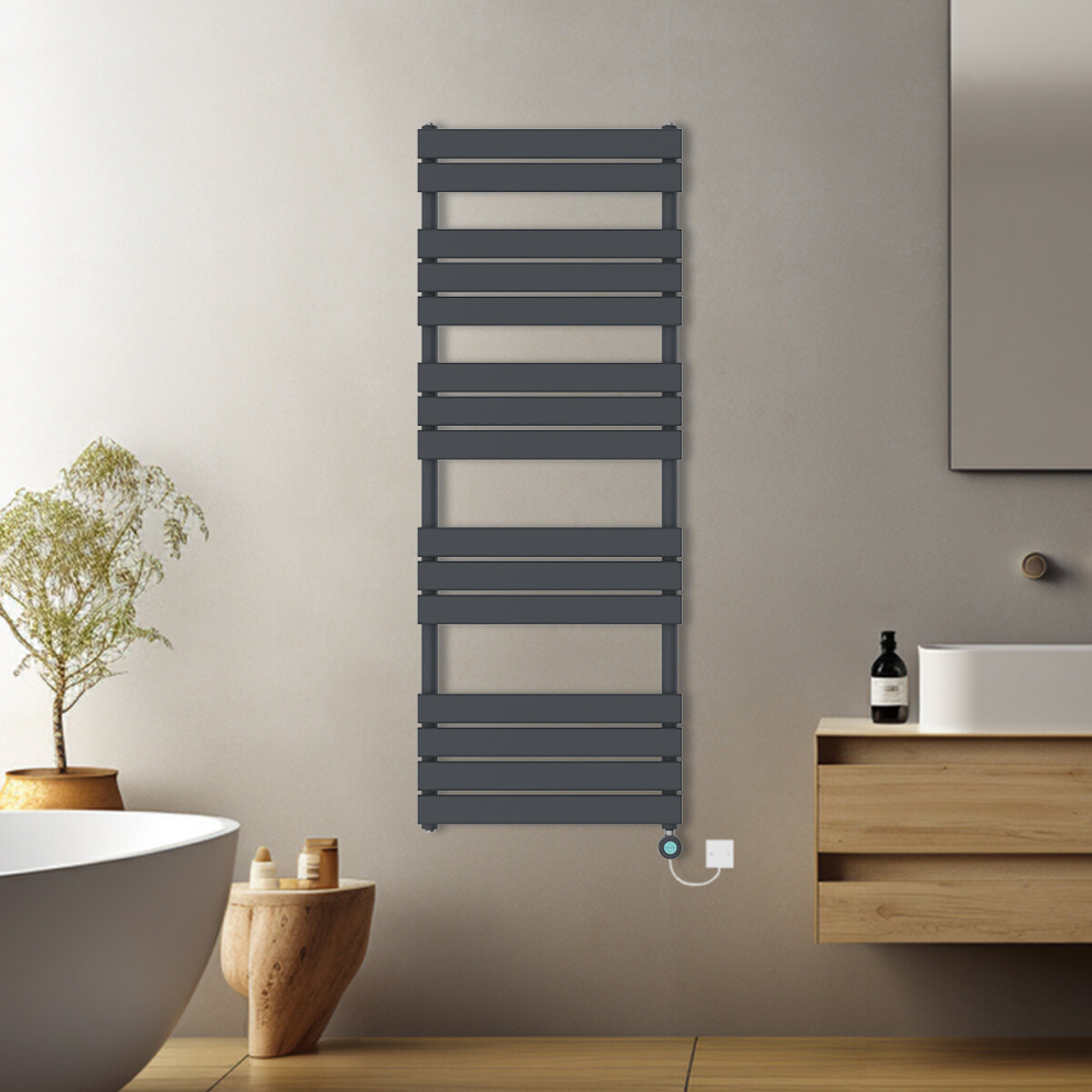 (Anthracite, 1600x600mm) Prefilled Electric Flat Panel Heated Towel Rail Radiator Thermostatic WIFI