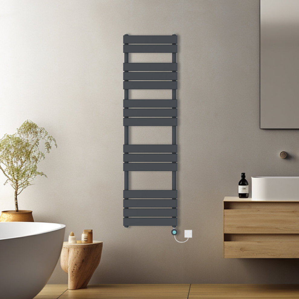 (Anthracite, 1600x450mm) Prefilled Electric Flat Panel Heated Towel Rail Radiator Thermostatic WIFI