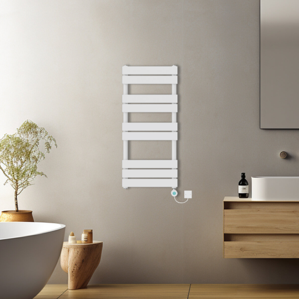 (White, 1000x450mm) Pre-filled Electric Heated Towel Rail Radiator Flat Panel Thermostatic