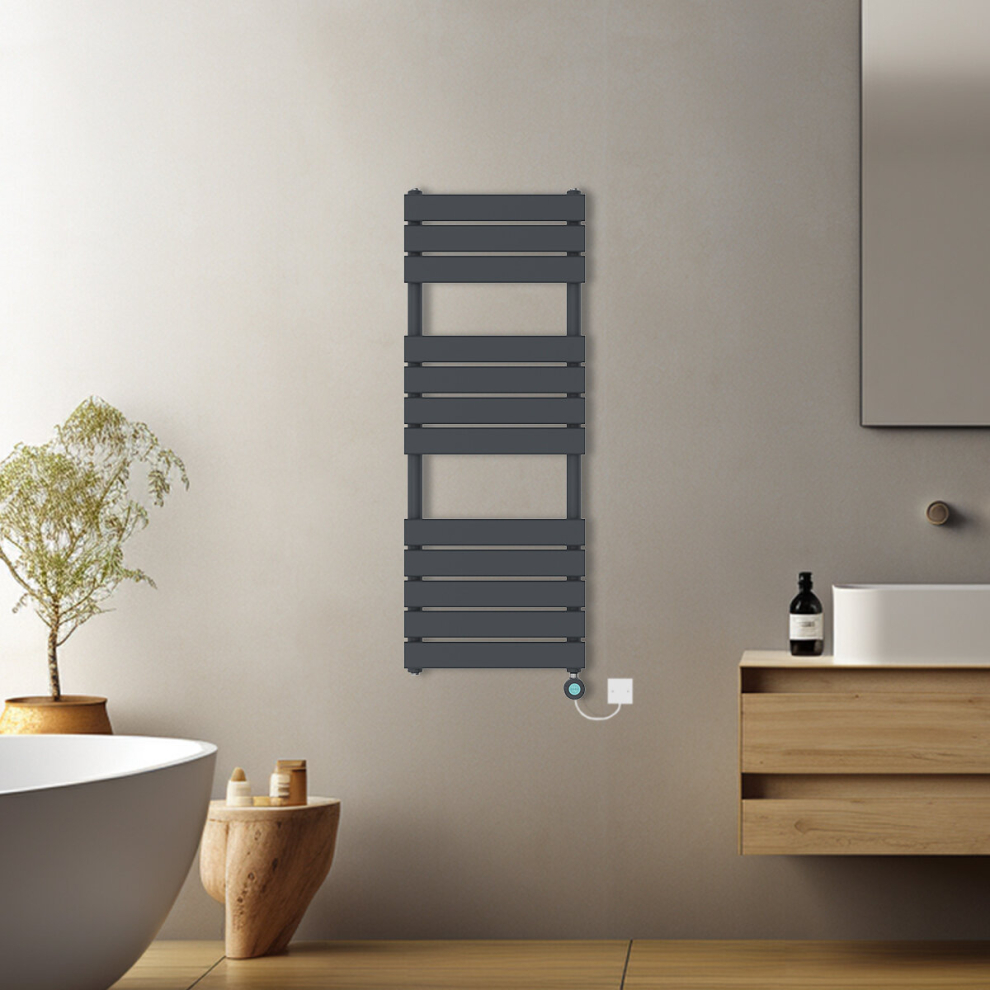 (Anthracite, 1200x450mm) Pre-filled Electric Heated Towel Rail Radiator Flat Panel Thermostatic