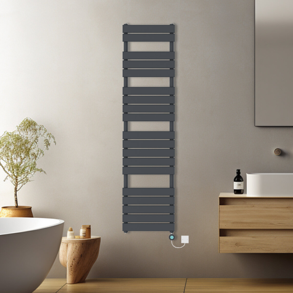 (Anthracite, 1800x450mm) Prefilled Electric Flat Panel Heated Towel Rail Radiator Thermostatic WIFI