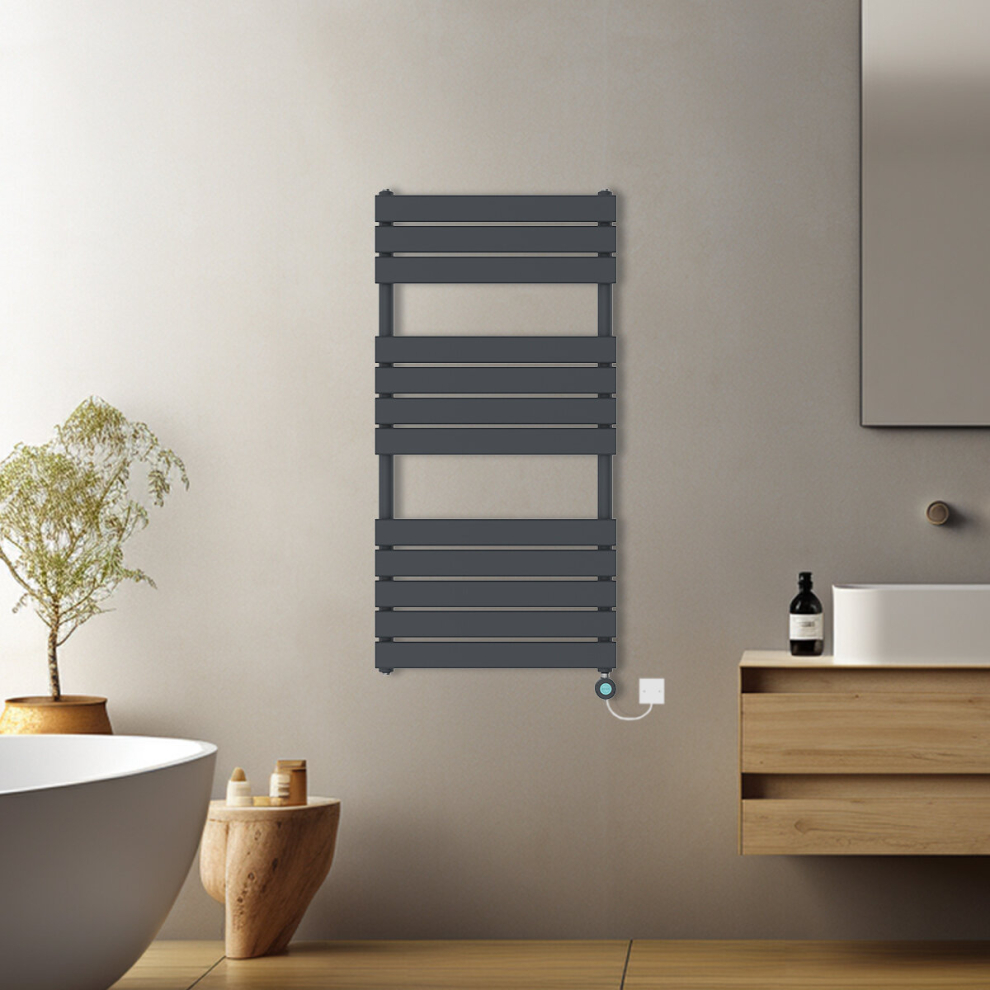 (Anthracite, 1200x600mm) Pre-filled Electric Heated Towel Rail Radiator Flat Panel Thermostatic