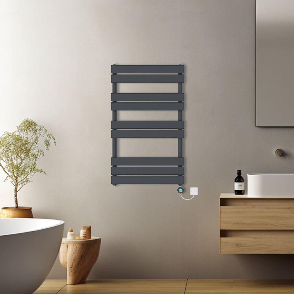 (Anthracite, 1000x600mm) Pre-filled Electric Heated Towel Rail Radiator Flat Panel Thermostatic