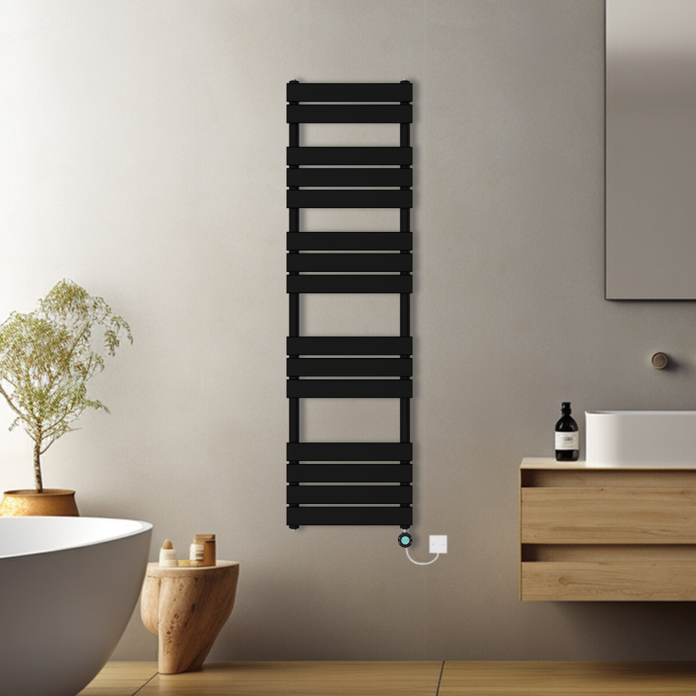 (Black, 1600x450mm) Pre-filled Electric Heated Towel Rail Radiator Flat Panel Thermostatic